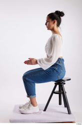 Whole Body Woman White Casual Slim Sitting Studio photo references